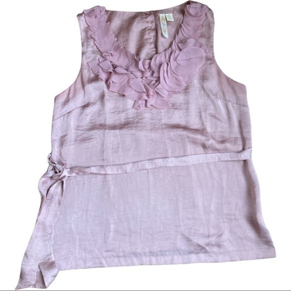 Adiva size large pink (rose) sleeveless blouse with ruffles with fabric belt